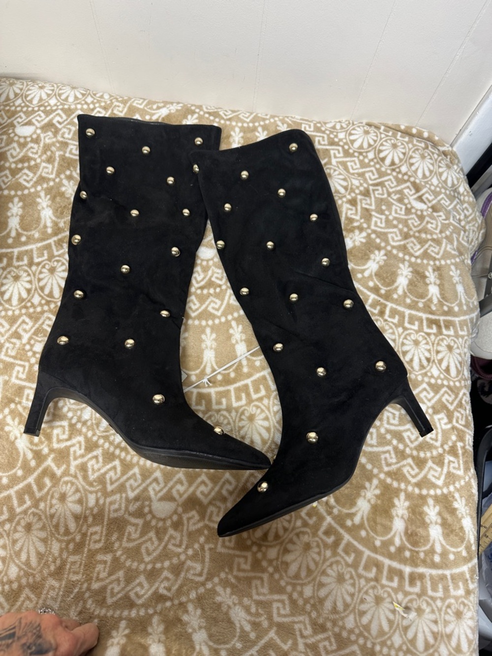 a new day Justice Black Suede likeKnee Boots with Gold Studs